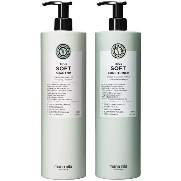 Maria Nila True Soft Shampoo + Conditioner (1 L)– Fugtgivende hårpleje til tørt & kruset hår